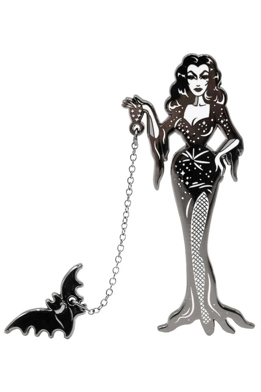 Vampira With Flying Bat Enamel Pin